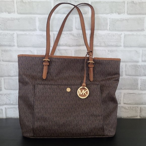 Michael Kors Jet Set Signature Snap Pocket Tote Brown MK Monogram - Picture 1 of 12